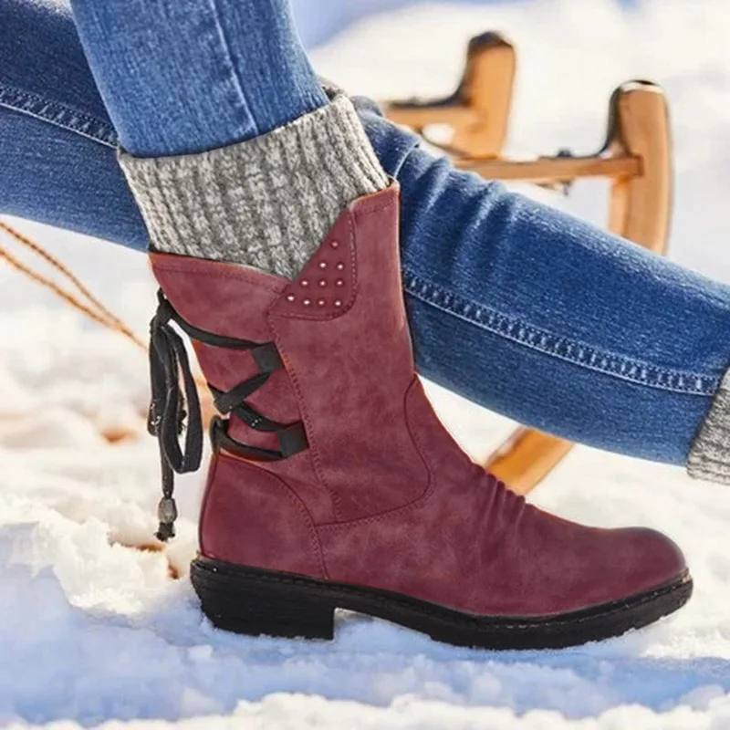 Новые зимние сапоги женские Модные осенние сапоги до середины икры из PU искусственной кожи с задней шнуровкой, Дизайнерские Сапоги однотонная обувь на низком каблуке Bota Mujer2019 - Цвет: red