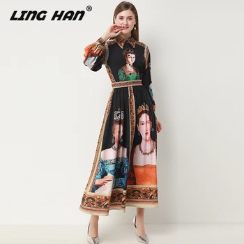 

LINGHAN Vintage Print Long Dress Women's Elegant Lantern Sleeve Turn-down Collar Party Dresses Designer Spring Summer New