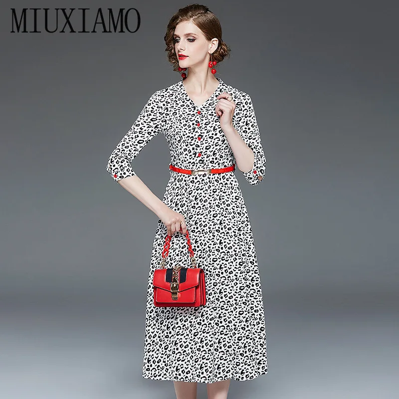 

MIUXIMAO Top Quality 2019 Fall Winter Dress Women Half Sleeve Leopard Vintage Casual Silm Office Dress Women Vestido with Belt