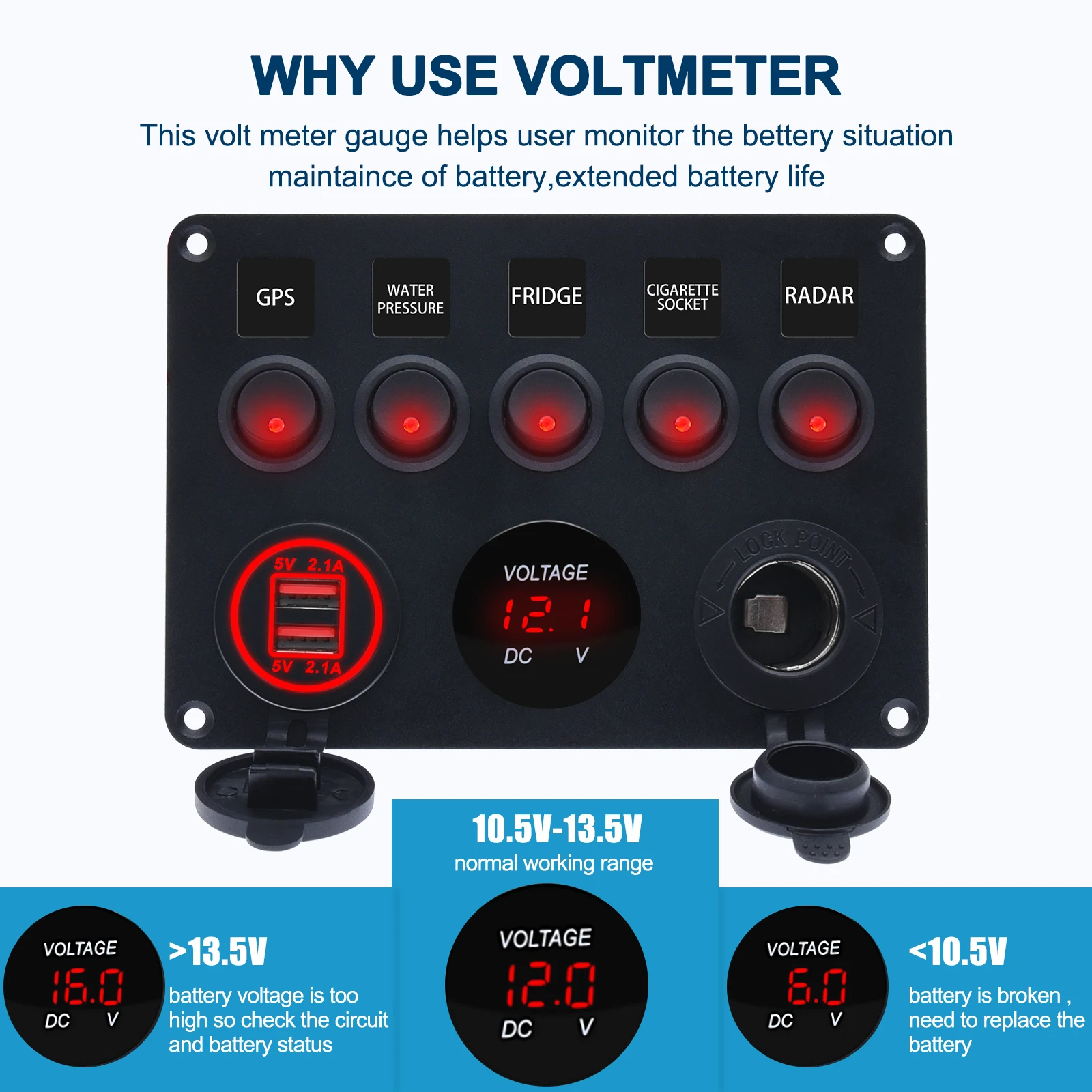 4 Gang ON/OFF Switch Switch Panel Dual USB Chargeur Allume-cigare Prise Voltmètre USB Voltmeter Switch Panel vert 4 Gang ON/OFF Switch Switch Panel Dual USB Chargeur Allume-cigare Prise Voltmètre USB Voltmeter Switch Panel vert
