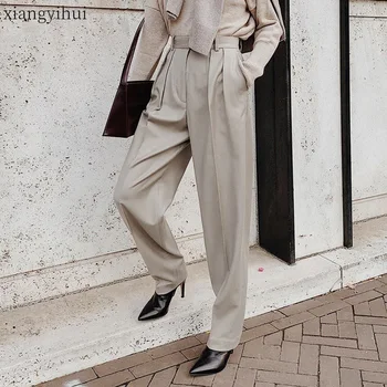 

2020 Spring Summer Loose Pencil Pants Women Casual High Waist Office Ladies Full Trousers Pocket Zipper Ankle-Length Pants S-L