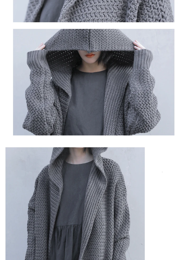 hat Retro Hooded Oversized Knit Women Tops Sweater Cardigans Autumn Winter Sweaters Cardigan Knitted Loose Long Coat LB005