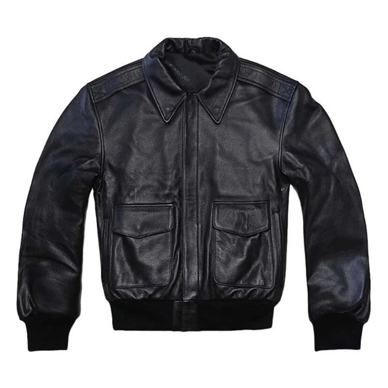 

2020 Black Military Style USAF Pilot Leather Jacket Europe Size XXL Real Natural Thick Cowhide Winter Warm A2 Aviator Coat