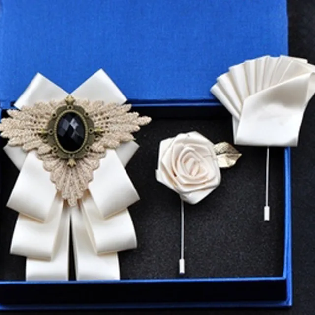 British New Fashion Men's Wedding Performance Groom Wedding-Party Flower Collar Bow Tie Pocket Towel Square Set Men Accessories White Set