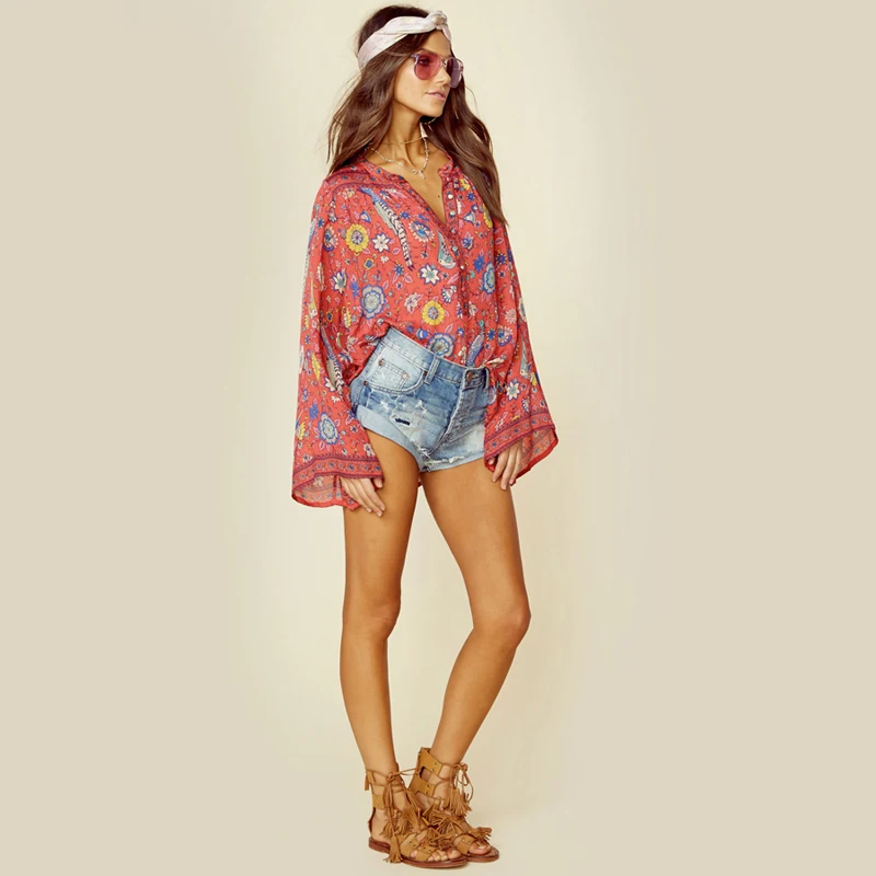 AYUALIN long sleeve blouse for women Gypsy birds floral print rayon blouses o-Neck flare long Sleeve Bohemia women blouses TOP