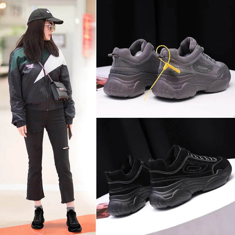 

2018 Autumn And Winter New Style Korean-style Students Versatile Hong Kong Style Genuine Leather plus Velvet Thick Bottomed Dad