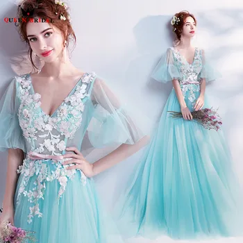 

Sky Blue A-line V-neck Tulle Flowers Lace Appliques Evening Dress Elegant Long Formal Prom Evening Gowns LS29M