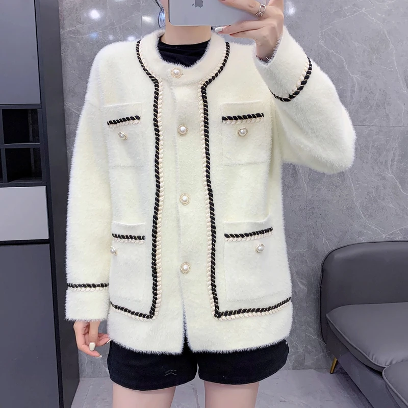 New Fashion Girls Classic Knitted Imitation Mink Cashmere Casual Cardigan Jacket Women Jumper Sweater Coat |