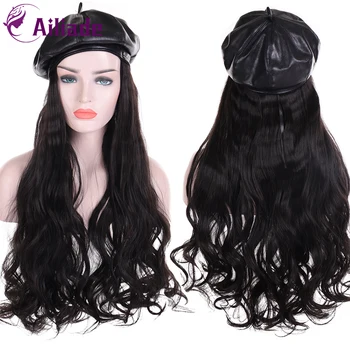 

AILIADE New Fashion Long Curly/Straight Wig with Leather Hat Fisherman's Hat Plaid Hat Wigs Synthetic Natural Hair for Women