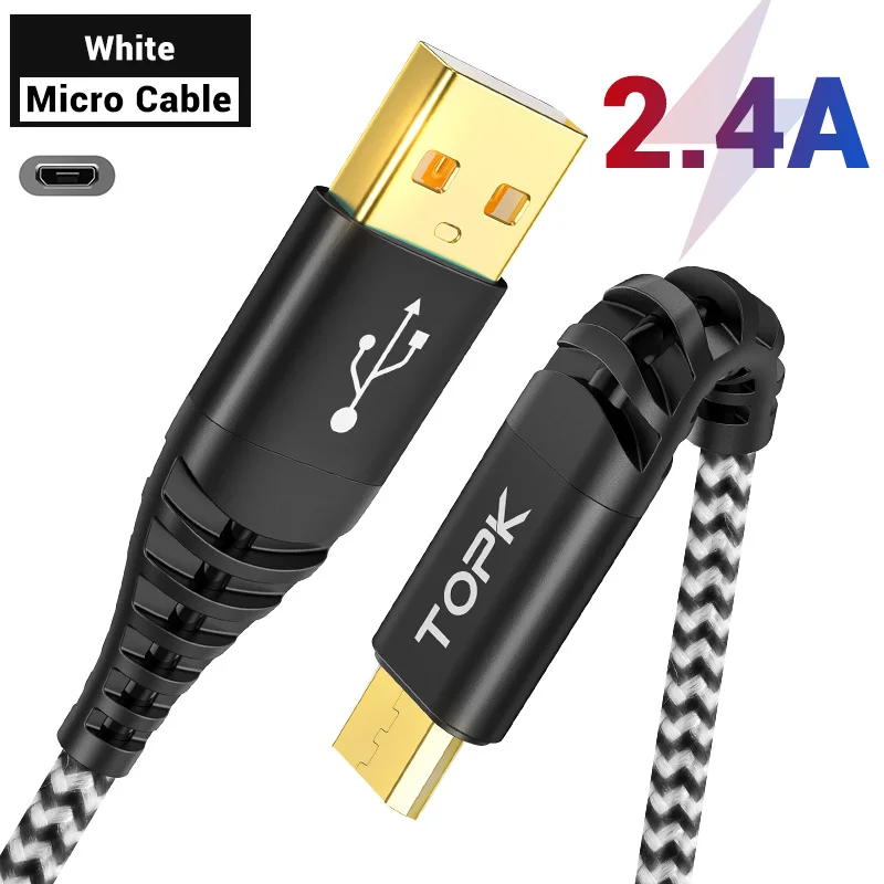 TOPK Micro usb type-C кабель 3A Быстрая зарядка для samsung Xiaomi huawei кабель для передачи данных для мобильного телефона type-C для Xiaomi Redmi Note 8 - Цвет: White for Micro
