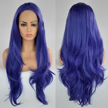 Смешанный синий натуральный волнистый синтетический парик фронта шнурка Glueless термостойкие волокна волос средний пробор естественная линия волос для женщин парики