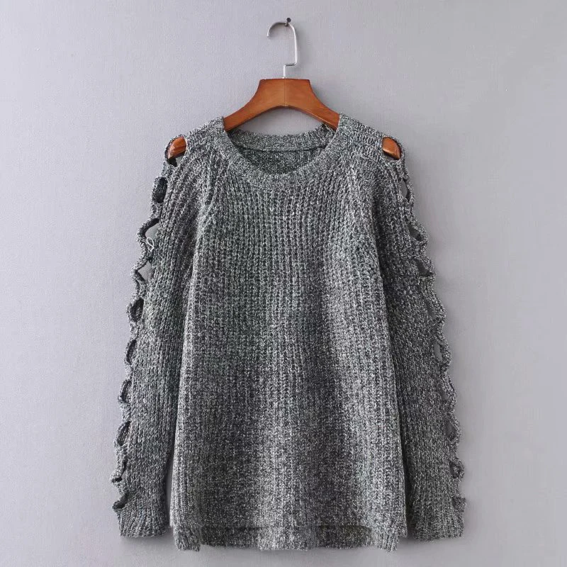 

FMFSSOM Autumn Winter Hollow Sleeve Solid Warm Soft Knitted Woolen Loose Female Women Pullovers Sweater