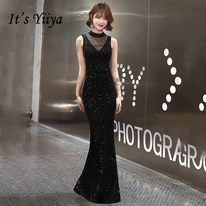 

It's Yiiya Evening Dresses Black Shining Beading Sequined High Collar Formal Gowns For Women Mermaid Long Evening Dresses K070