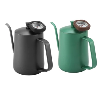 

2 Pcs 600Ml Stainless Steel Coffee Kettle Gooseneck Spout Teapot with Thermometer, Black & Green