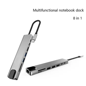 

New 8 in 1 USB-C Hub Aluminum Alloy HD 2 USB 3.0 Adapter PD Charging SD &TF Card Reader RJ45 Portable Laptop Accessories