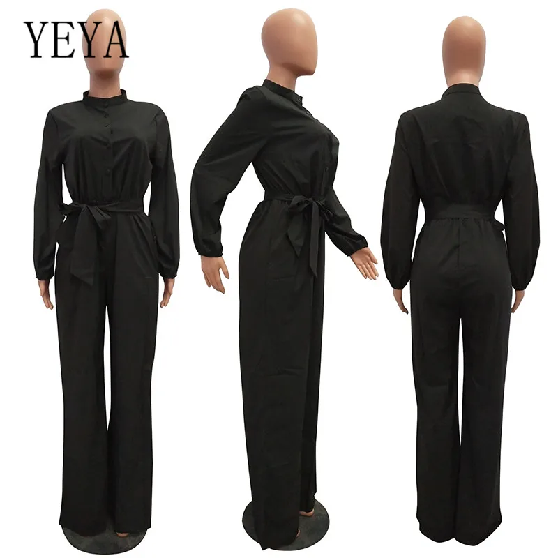 YEYA/большие размеры; женская элегантная для работы в офисе; комбинезоны; модные комбинезоны с длинными рукавами и поясом; повседневные Свободные Комбинезоны; Mujer - Цвет: Черный