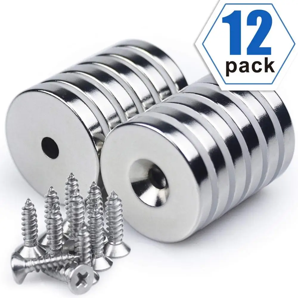 

Neodymium Disc Countersunk Hole Magnets, 1.26 inch x 0.2 inch Strong Permanent Rare Earth Magnets with Screws - Pack of 12