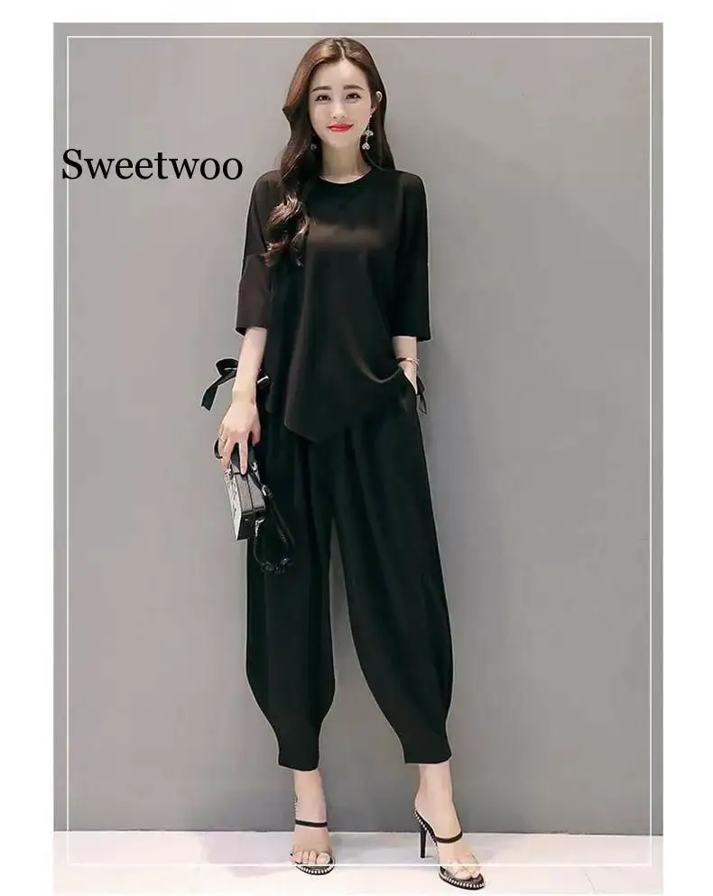 Women's summer new two pieces set Women loose casual tops + vintage lantern pants suit set stretch sweatshirt suit