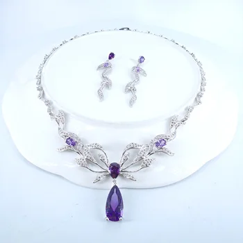 

2020 new fashion luxury retro purple blue red flowers zircon necklace earring set,wedding bride dinner party formal jewelry set