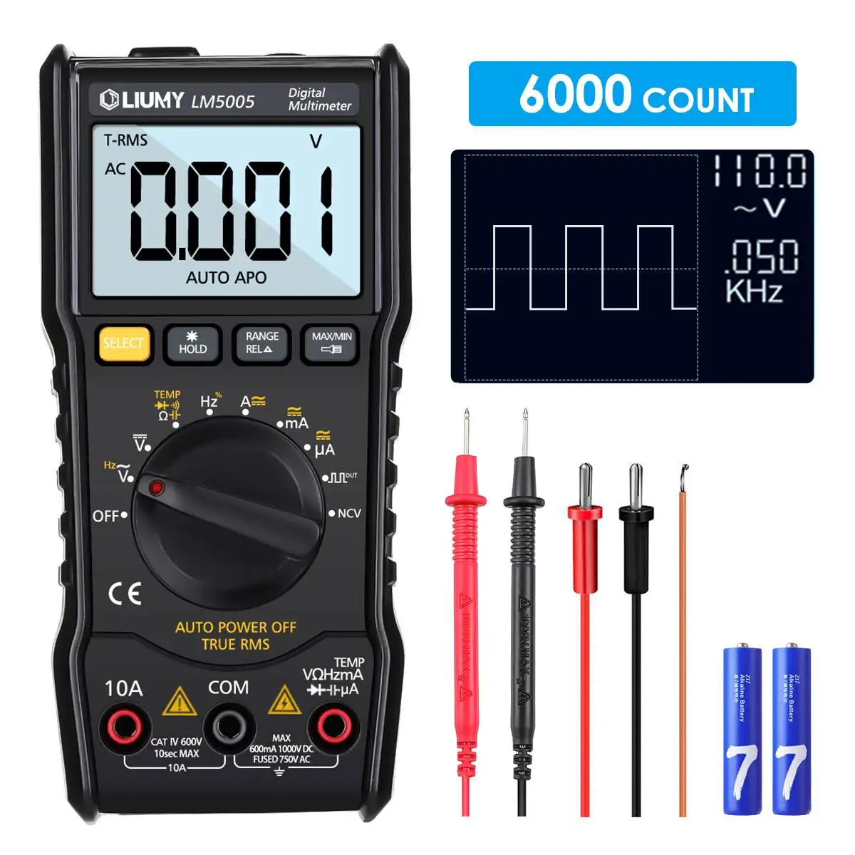 LM5005 ЖК-цифровой мультиметр TRMS 6000 счётчик Тестер Авто Диапазон AC/DC для Вольтметр Амперметр Ом тестер метр+ батареи