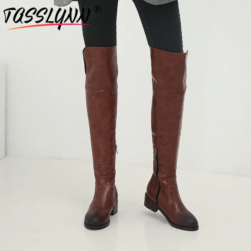 

TASSLYNN 2019 Women Shoes Fashion PU Over-the-Knee Boots Warm Plush Waterproof Round Toe Square Heels Winter Boots Women 34-43