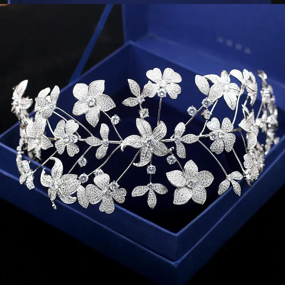 

High Quality Flower Wedding Crowns Zircon Cubic Zirconia Tiara Queen Princess Diadem Headband Party Bridal Hair Accessories 2019