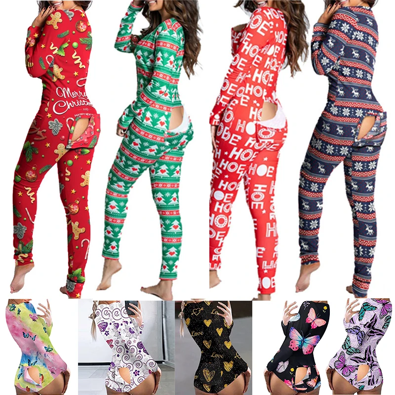 Sexy Christmas Pajama for Women New Year Jumpsuit Button-down Front Back Butt Bum Open Ass Flap Xmas Print Loungewear |