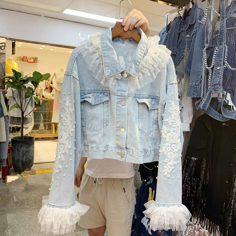 

WomenShort Jeans Coat 2020 Spring Fall Beads Lace Diamond Denim Jacket Coats Mesh Long Sleeve Jean Jackets Sudents Streetwear