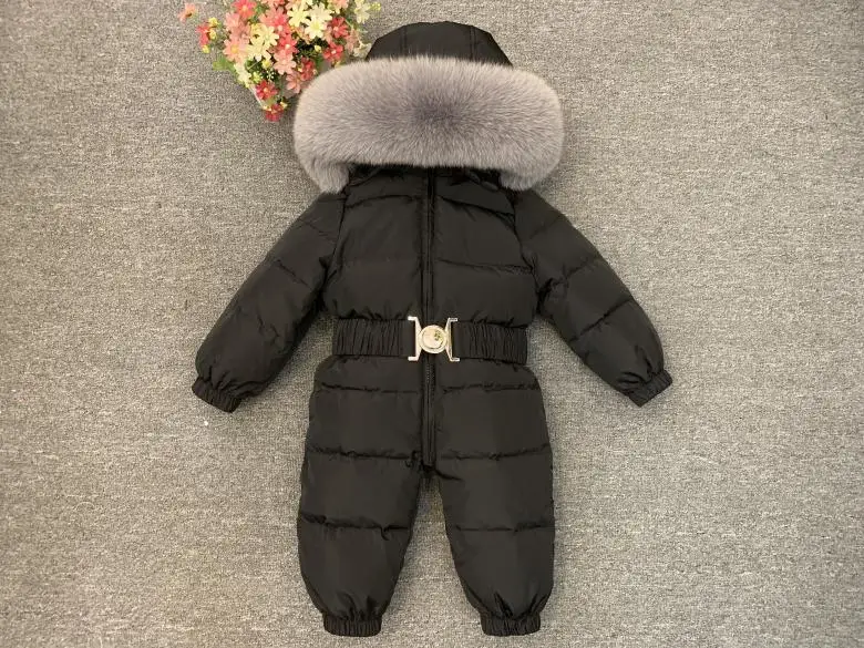 Luxury Large Real Fur Collar Infant Baby Snowsuit Thick Warm Down Rompers Hooded Toddler Boys Girls Jumpsuit One-pieces Ski Suit - Цвет: Черный