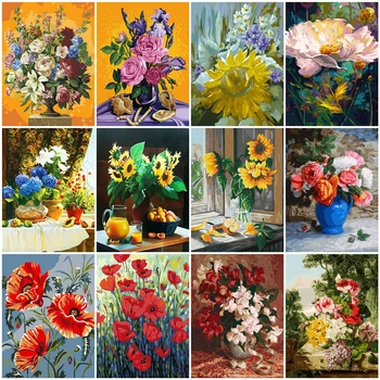 

HUACAN Oil Painting Flower DIY Drawing Canvas Handpainted Wall Art Pictures By Number Flower Home Decoration Gift