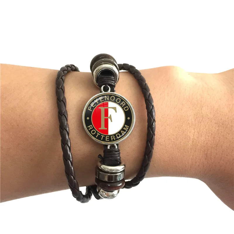 Feyenoord футбольный клуб стеклянный браслет из кабошона футбольные лиги логотип футбольный клуб черный кожаный браслет для фанатов подарок - Окраска металла: 18