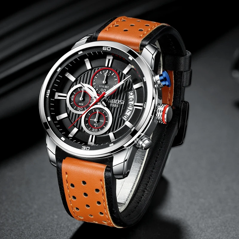 Online NIBOSI Top Marke Luxus Chronograph Quarz Uhr Männer Sport Uhren Militär Armee Leder Armbanduhr Uhr Relogio Masculino