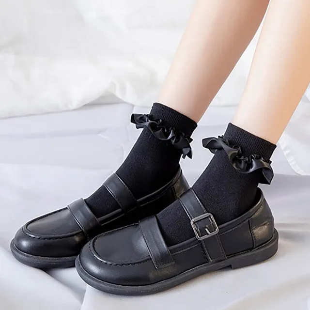 Women Lace Mesh Black White Cotton Socks Lolita Style Japanese Maiden Lovely Short Socks Harajuku Frilly Ruffle Princess Socks BLACK
