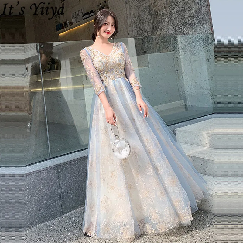 Light blue Это Yiiyaeveing платья, расшитые блестками, а-силуэт, половина рукава, иллюзия Robe De Soiree LF204, Аппликации, длина до пола, вечернее платье - Цвет: Light blue
