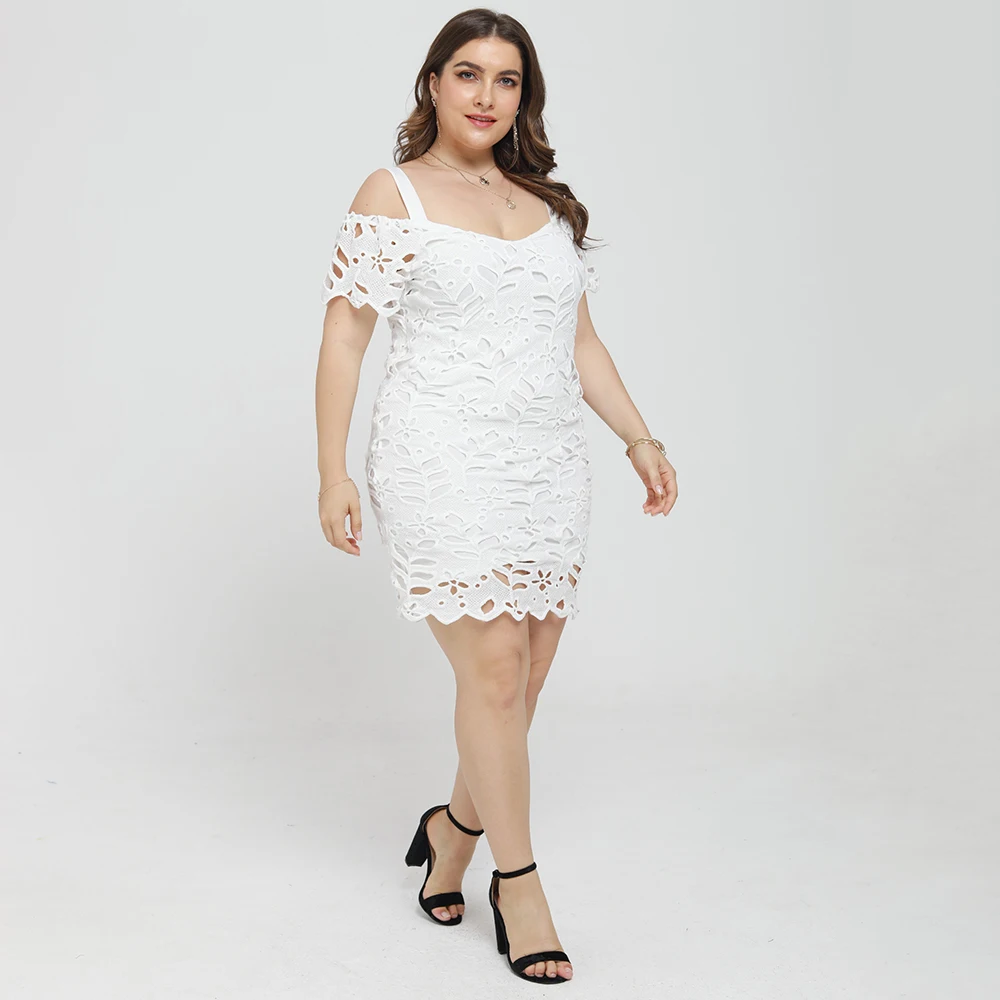 

Elegant Ladies Plus Size Dresses 6XL Lace Sexy V Neck Hollow Out Sheath Dress Summer Large Sizes Women's Clothing Mini Dress D25