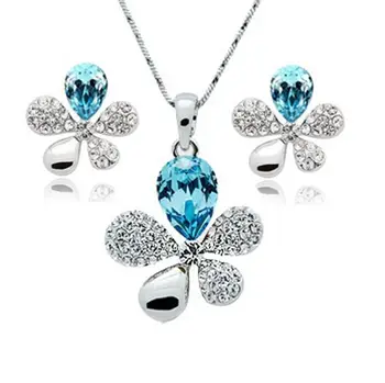 

Fine Jewelry Women's Wedding Set Five Leaf Flower Sea Blue Heart 925 Sterling Silver Necklace Earrings S0154
