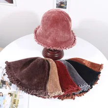 Корейский стиль Рыбацкая шляпа женская мода чистый цвет 56-58 см синель декоративный край Осень Зима теплые уличные Аксессуары Шапки