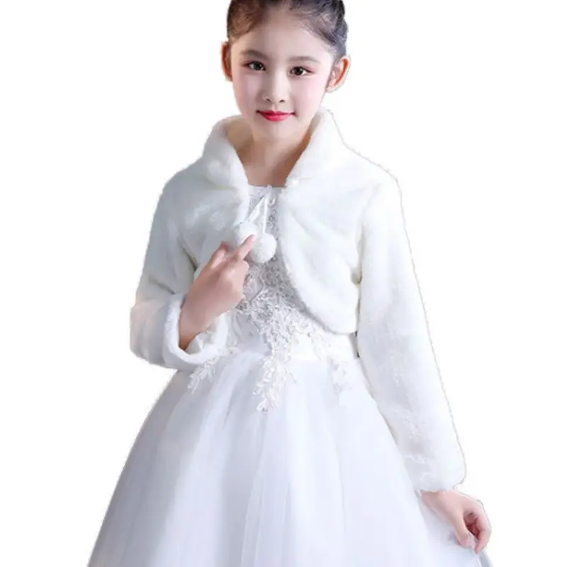 Kids Princess Thicken Plush Wraps Shawl Flower Girls Long Sleeve Bolero Shrug Cape Wedding Birthday Party Jacket with Pompom Tie