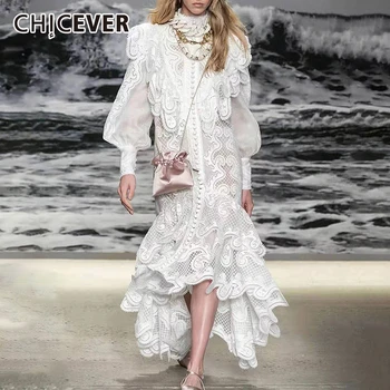 

CHICEVER Patchwork Ruffle Hollow Out Dresses Female Turtleneck Lantern Sleeve High Waist Asymmetrical Hem Women's Dress New Tide