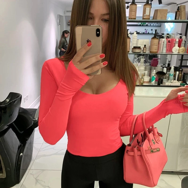 Vibrant Orange Neon Long Sleeve Bodysuit - Women's Bodycon Streetwear Club Outfit