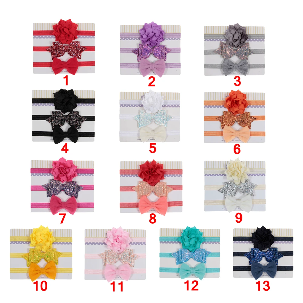 New 3pcs/lot Sequin Felt Bow Lotus Flower Elastic Headbands Kids Photography Props Baby Girls Cute Headwear Christmas Gift Sets