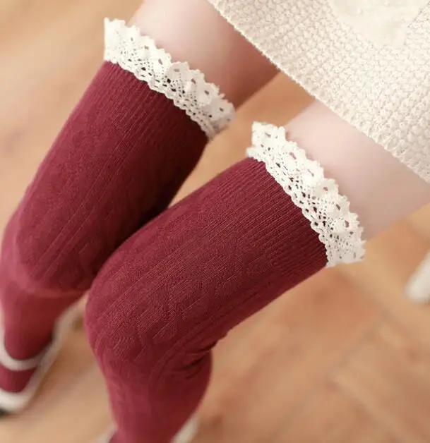 W037 Wine Red Модные кружевные гетры CUHAKCI, женские хлопковые чулки выше колена, теплые длинные чулки для девушек - Цвет: W037 Wine Red