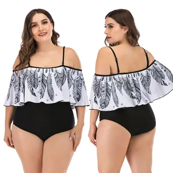 

2020 New Sexy Off Shoulder Leaf Print Black Swimwear Women Plus Size One Piece Swimsuit Female Bathing Suit Ruffle Monokini 4XL