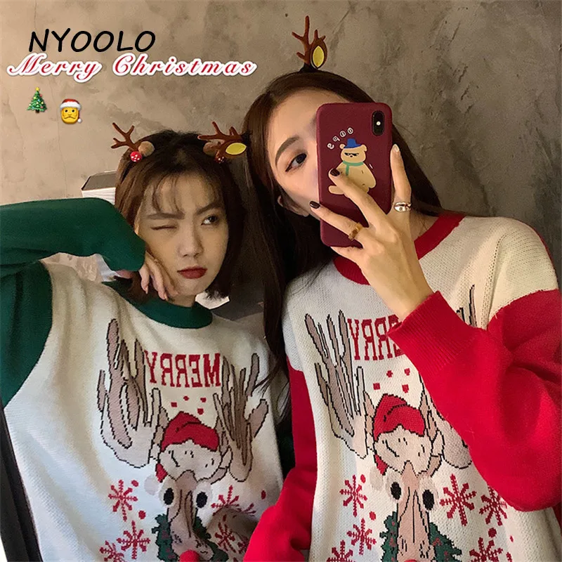 NYOOLO повседневный уличный Рождественский жаккардовый теплый зимний свитер с изображением снежного лося и буквами в стиле пэчворк, Женский пуловер с длинным рукавом и круглым вырезом