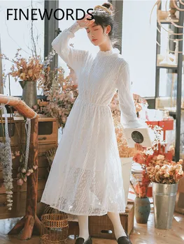 

FINEWORDS Vintage Elegant White Lace Dress Kawaii Janpan Sweet Dress Stand Neck Long Sleeve Spring Dresses 2020 New Ropa Mujer