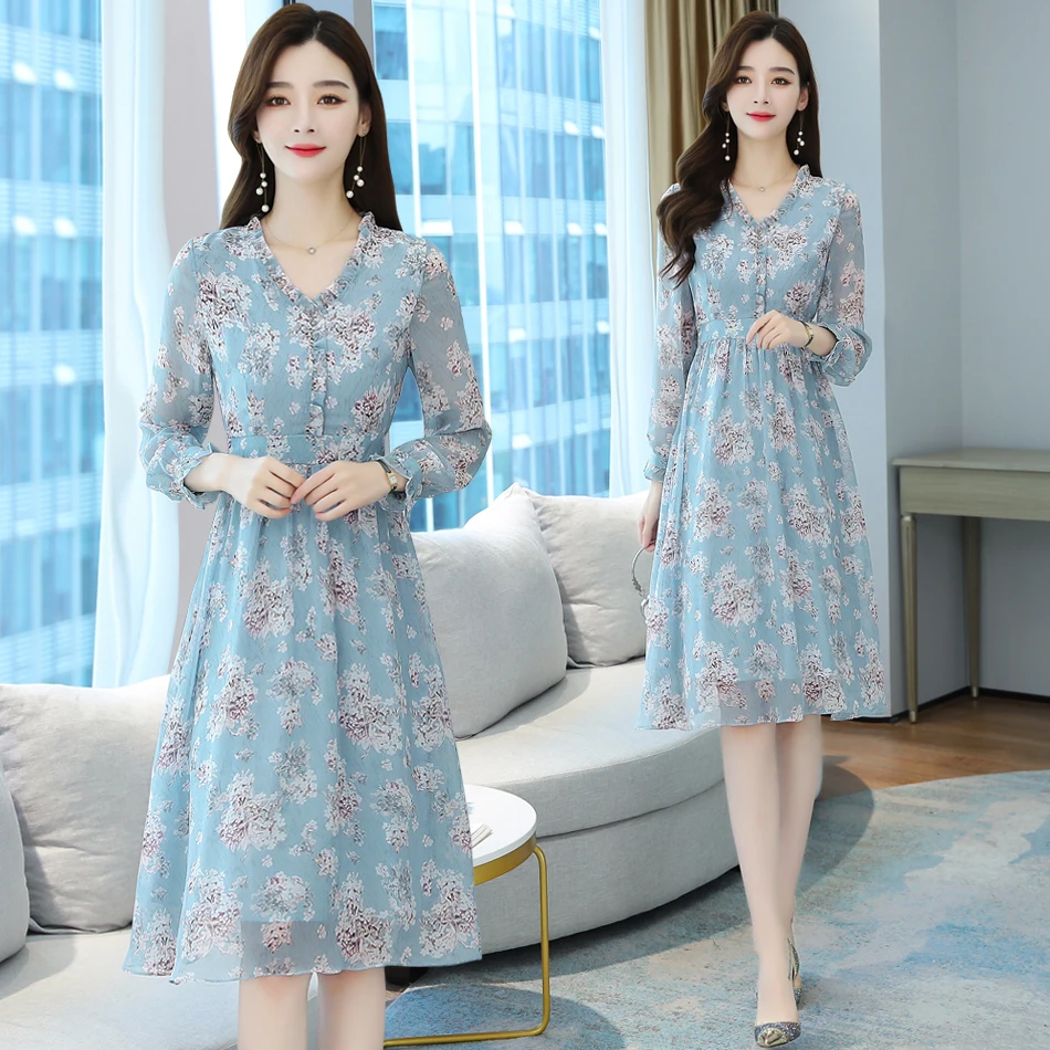 

Midi Women Floral Chiffon Dress Autumn Spring Runway 2022 Korean Long Sleeve Dresses Elegant Boho Vintage Casual Party Dress New