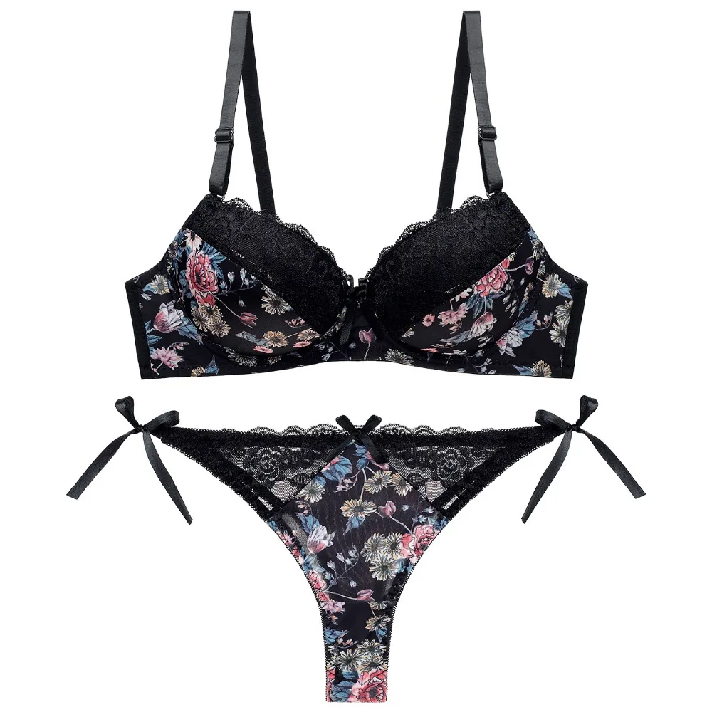 bra and thong set Lace Sexy Beauty Back Bra Set Comfortable Gathering Printed Underwear Set Push up Bra and Panty Set bra panty sets