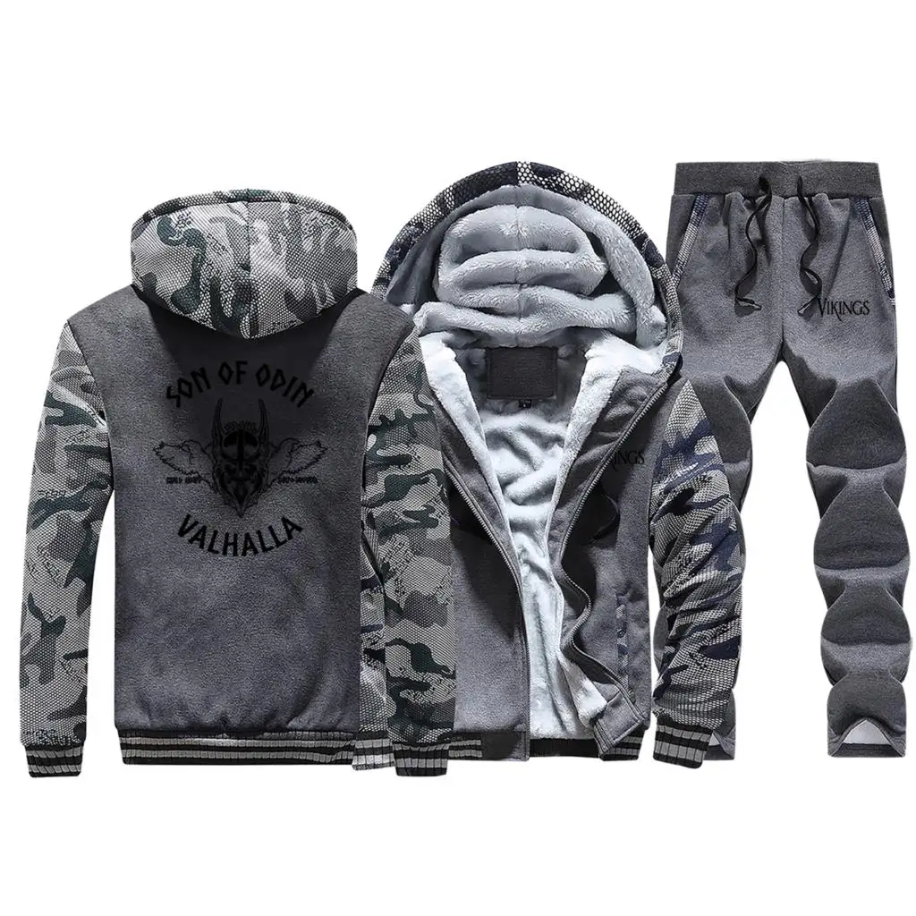 Vikings Sons Of Odin Valhalla, зима, теплый жакет с капюшоном, Мужская камуфляжная куртка, плотный спортивный костюм+ комплект из 2 предметов, штаны - Цвет: Dark Gray 1