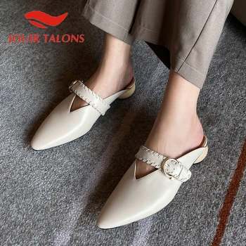 

JOUIR TALONS 2020 Brand Design Genuine Leather Women Mules Sandals Round Heels Square Toe Metal Decoration Summer Dress Shoes
