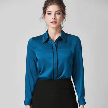 

royal blue silk blouse for women high quality long sleeve 4XL plus size casual sexy office dress shirts slim fit dropshipping